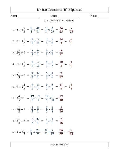 Diviser fractions mixtes con nombres éntiers, et sans simplification (Remplissable) (B) page 2