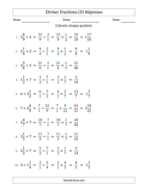 Diviser fractions mixtes con nombres éntiers, et sans simplification (Remplissable) (D) page 2