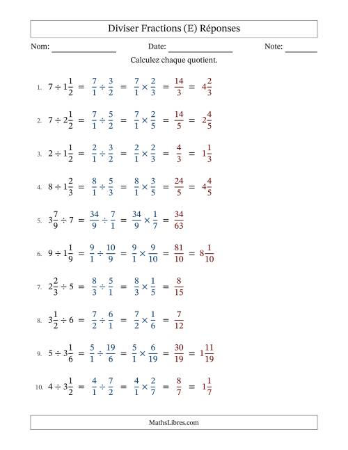 Diviser fractions mixtes con nombres éntiers, et sans simplification (Remplissable) (E) page 2