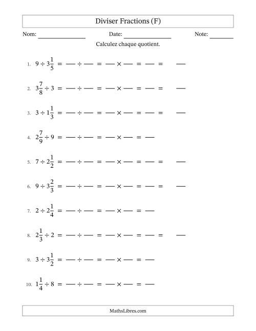 Diviser fractions mixtes con nombres éntiers, et sans simplification (Remplissable) (F)