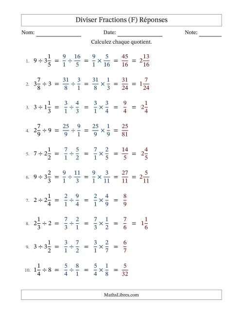 Diviser fractions mixtes con nombres éntiers, et sans simplification (Remplissable) (F) page 2