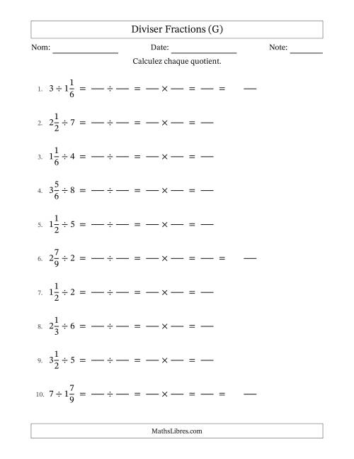 Diviser fractions mixtes con nombres éntiers, et sans simplification (Remplissable) (G)