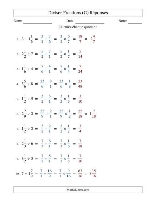 Diviser fractions mixtes con nombres éntiers, et sans simplification (Remplissable) (G) page 2