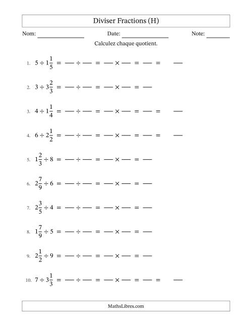 Diviser fractions mixtes con nombres éntiers, et sans simplification (Remplissable) (H)