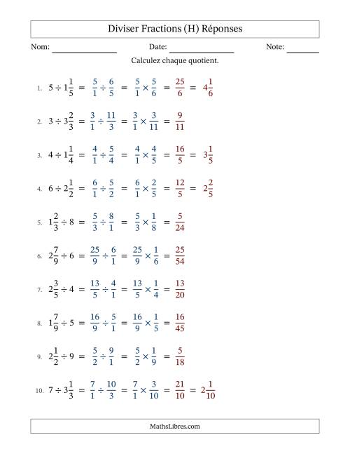 Diviser fractions mixtes con nombres éntiers, et sans simplification (Remplissable) (H) page 2