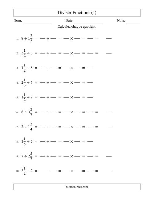 Diviser fractions mixtes con nombres éntiers, et sans simplification (Remplissable) (J)