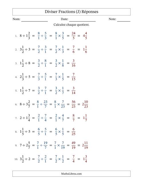 Diviser fractions mixtes con nombres éntiers, et sans simplification (Remplissable) (J) page 2