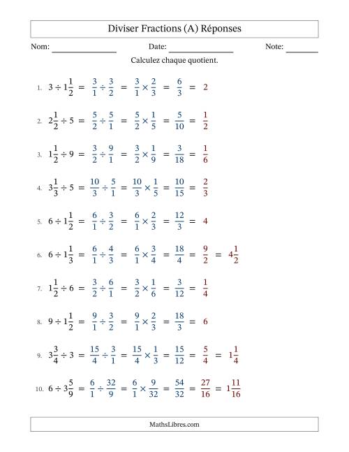 Diviser fractions mixtes con nombres éntiers, et avec simplification dans tous les problèmes (Remplissable) (A) page 2