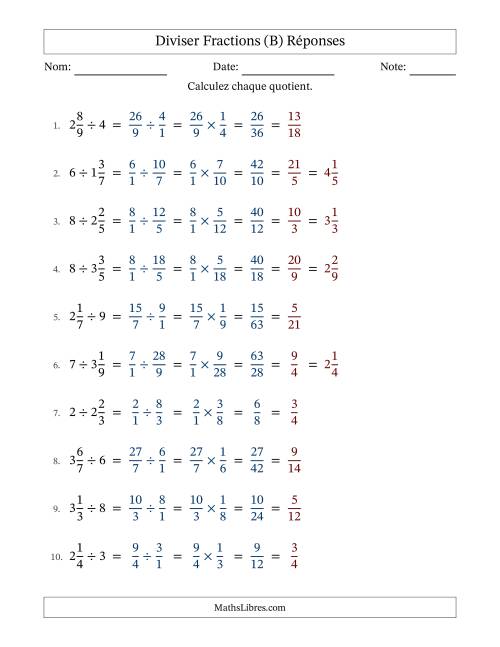 Diviser fractions mixtes con nombres éntiers, et avec simplification dans tous les problèmes (Remplissable) (B) page 2