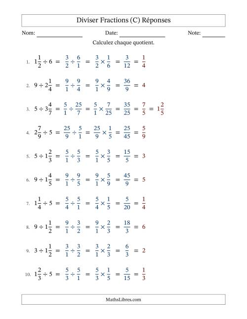Diviser fractions mixtes con nombres éntiers, et avec simplification dans tous les problèmes (Remplissable) (C) page 2