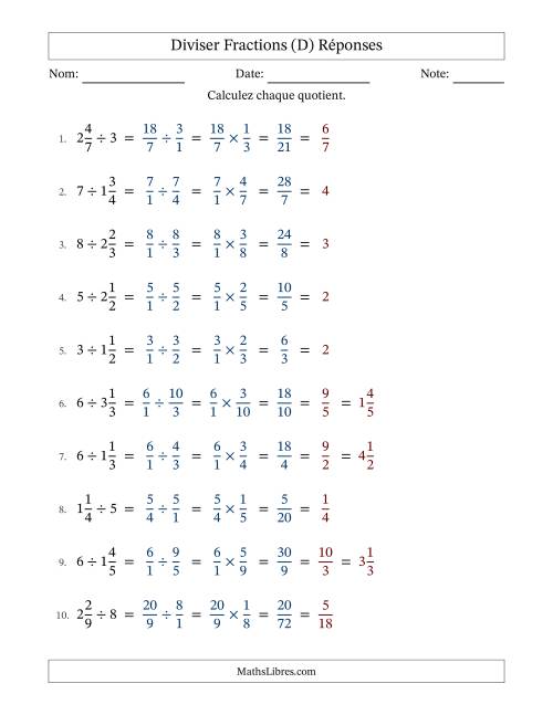 Diviser fractions mixtes con nombres éntiers, et avec simplification dans tous les problèmes (Remplissable) (D) page 2