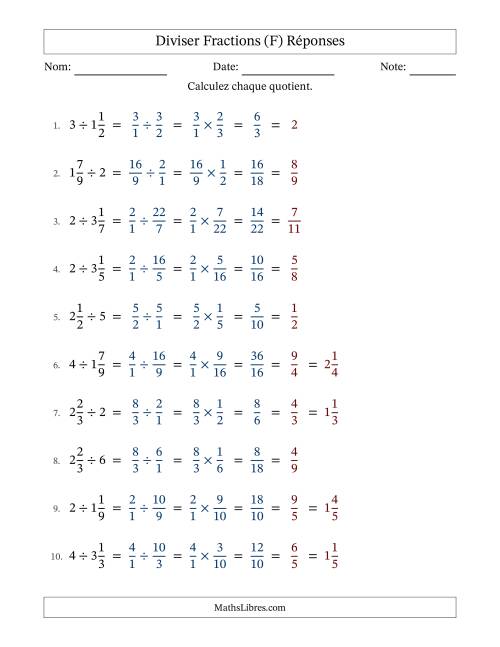 Diviser fractions mixtes con nombres éntiers, et avec simplification dans tous les problèmes (Remplissable) (F) page 2