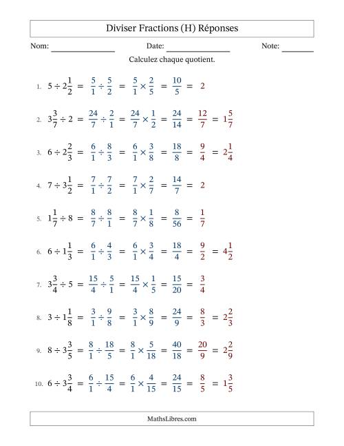 Diviser fractions mixtes con nombres éntiers, et avec simplification dans tous les problèmes (Remplissable) (H) page 2