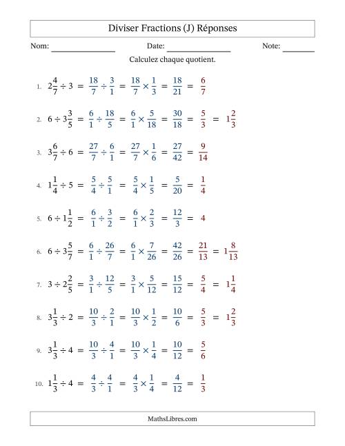 Diviser fractions mixtes con nombres éntiers, et avec simplification dans tous les problèmes (Remplissable) (J) page 2