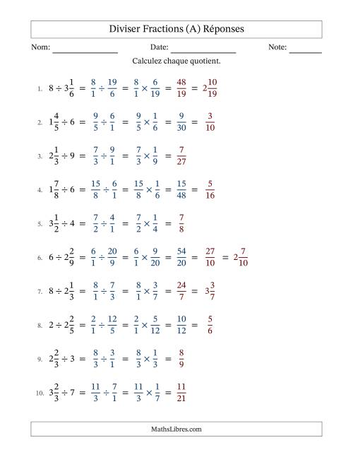 Diviser fractions mixtes con nombres éntiers, et avec simplification dans quelques problèmes (Remplissable) (A) page 2