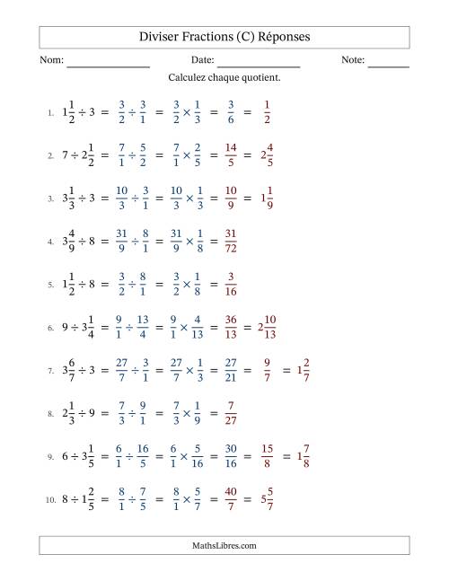 Diviser fractions mixtes con nombres éntiers, et avec simplification dans quelques problèmes (Remplissable) (C) page 2