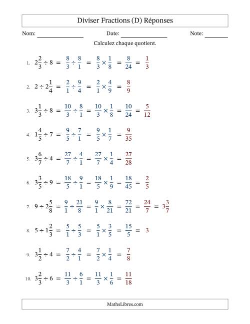 Diviser fractions mixtes con nombres éntiers, et avec simplification dans quelques problèmes (Remplissable) (D) page 2