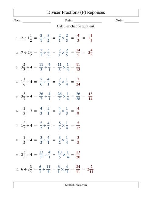 Diviser fractions mixtes con nombres éntiers, et avec simplification dans quelques problèmes (Remplissable) (F) page 2