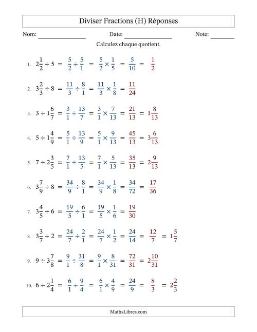 Diviser fractions mixtes con nombres éntiers, et avec simplification dans quelques problèmes (Remplissable) (H) page 2