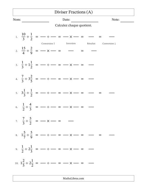 Diviser fractions propres, impropres et mixtes, et sans simplification (Remplissable) (A)