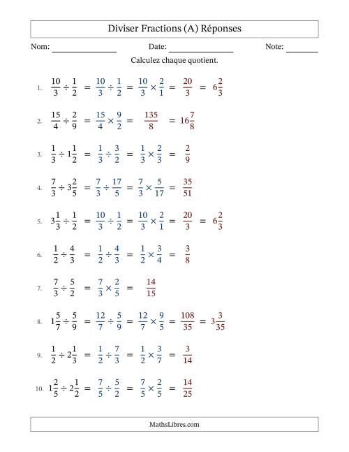 Diviser fractions propres, impropres et mixtes, et sans simplification (Remplissable) (A) page 2