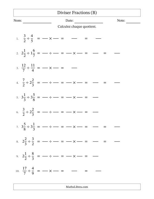 Diviser fractions propres, impropres et mixtes, et sans simplification (Remplissable) (B)