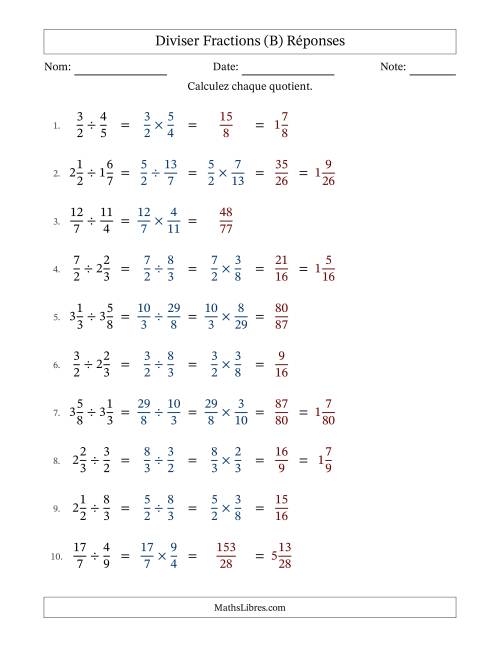 Diviser fractions propres, impropres et mixtes, et sans simplification (Remplissable) (B) page 2
