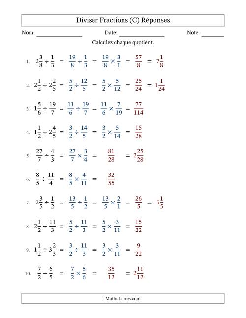 Diviser fractions propres, impropres et mixtes, et sans simplification (Remplissable) (C) page 2