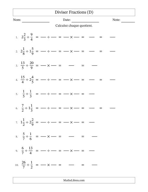 Diviser fractions propres, impropres et mixtes, et sans simplification (Remplissable) (D)