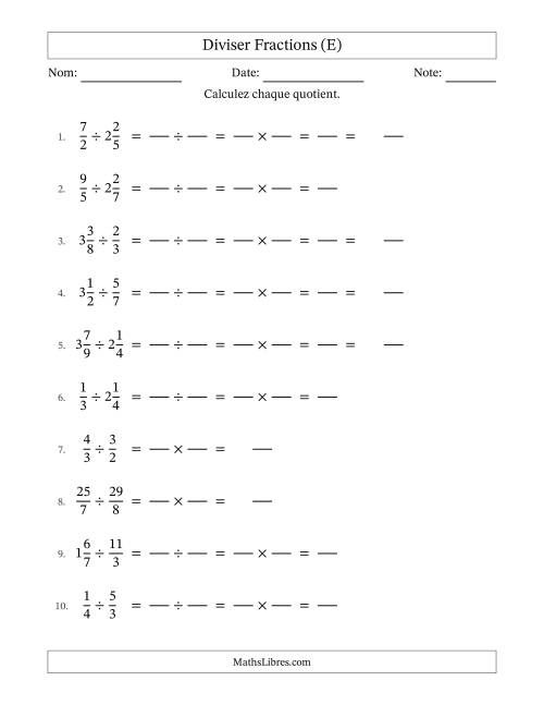 Diviser fractions propres, impropres et mixtes, et sans simplification (Remplissable) (E)