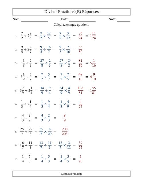 Diviser fractions propres, impropres et mixtes, et sans simplification (Remplissable) (E) page 2