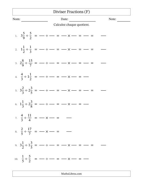 Diviser fractions propres, impropres et mixtes, et sans simplification (Remplissable) (F)