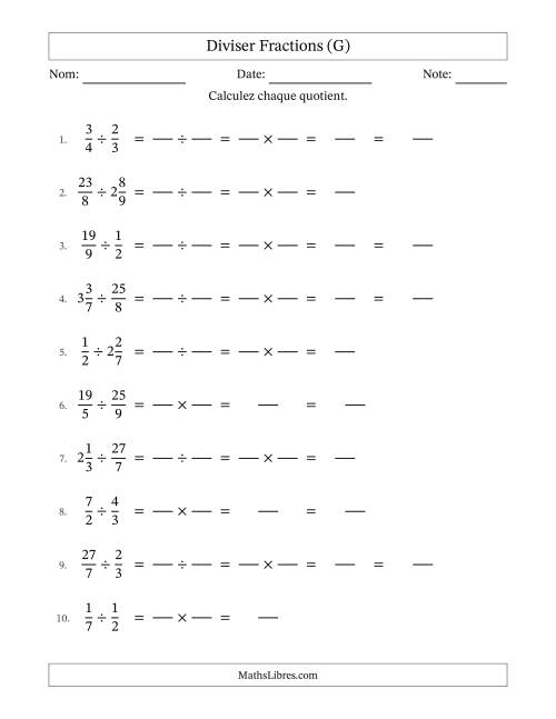 Diviser fractions propres, impropres et mixtes, et sans simplification (Remplissable) (G)