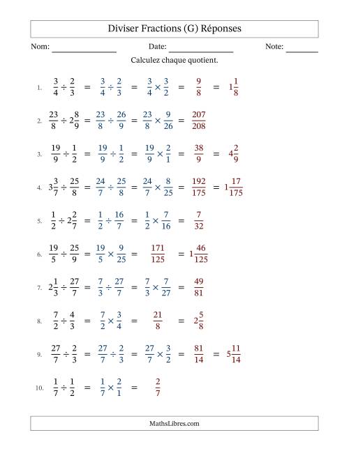 Diviser fractions propres, impropres et mixtes, et sans simplification (Remplissable) (G) page 2
