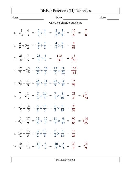 Diviser fractions propres, impropres et mixtes, et sans simplification (Remplissable) (H) page 2