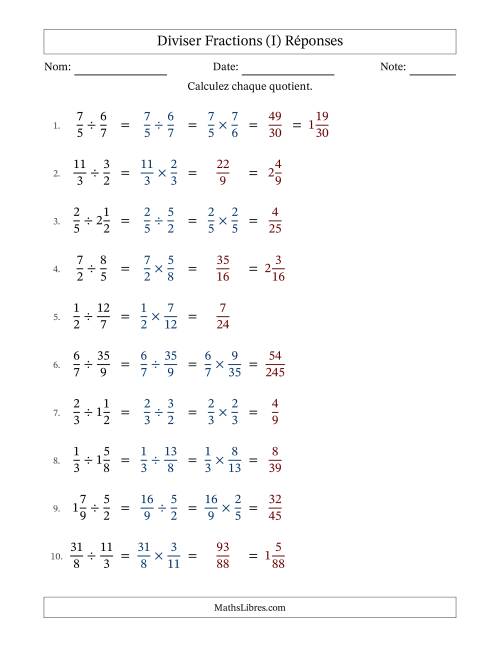Diviser fractions propres, impropres et mixtes, et sans simplification (Remplissable) (I) page 2