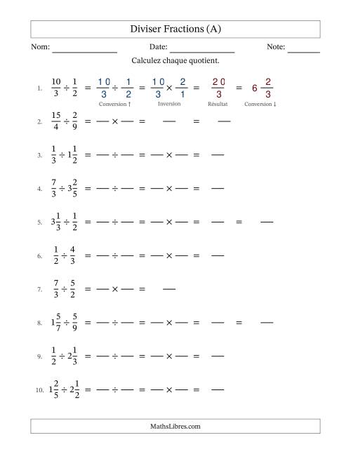 Diviser fractions propres, impropres et mixtes, et sans simplification (Remplissable) (Tout)