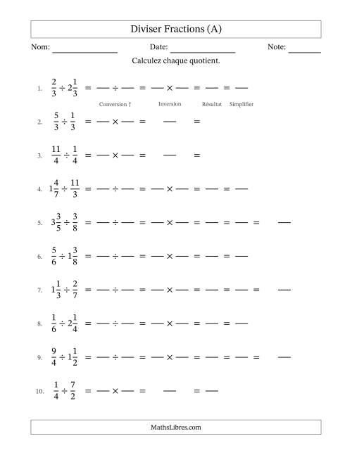 Diviser fractions propres, impropres et mixtes, et avec simplification dans tous les problèmes (Remplissable) (A)