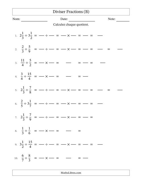 Diviser fractions propres, impropres et mixtes, et avec simplification dans tous les problèmes (Remplissable) (B)