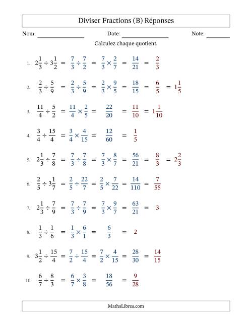 Diviser fractions propres, impropres et mixtes, et avec simplification dans tous les problèmes (Remplissable) (B) page 2