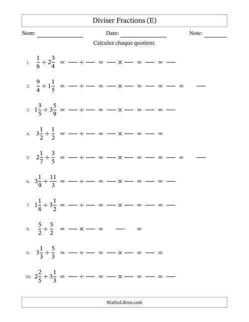 Diviser fractions propres, impropres et mixtes, et avec simplification dans tous les problèmes (Remplissable) (E)