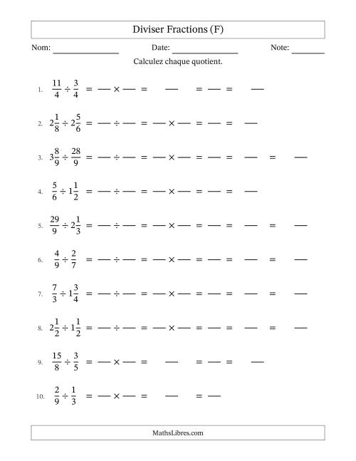 Diviser fractions propres, impropres et mixtes, et avec simplification dans tous les problèmes (Remplissable) (F)