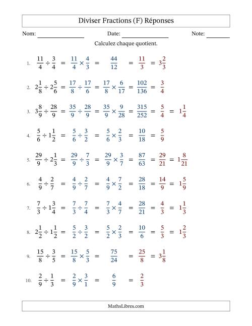 Diviser fractions propres, impropres et mixtes, et avec simplification dans tous les problèmes (Remplissable) (F) page 2