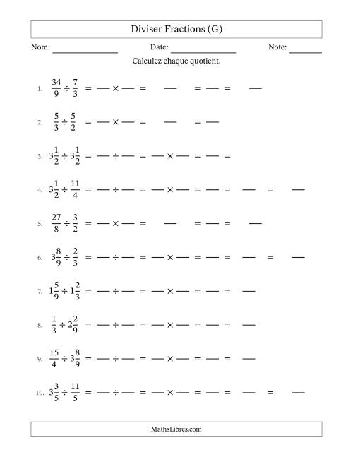 Diviser fractions propres, impropres et mixtes, et avec simplification dans tous les problèmes (Remplissable) (G)