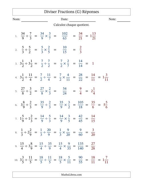 Diviser fractions propres, impropres et mixtes, et avec simplification dans tous les problèmes (Remplissable) (G) page 2