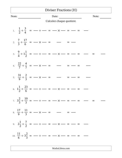Diviser fractions propres, impropres et mixtes, et avec simplification dans tous les problèmes (Remplissable) (H)