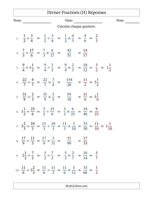 Diviser fractions propres, impropres et mixtes, et avec simplification dans tous les problèmes (Remplissable) (H) page 2