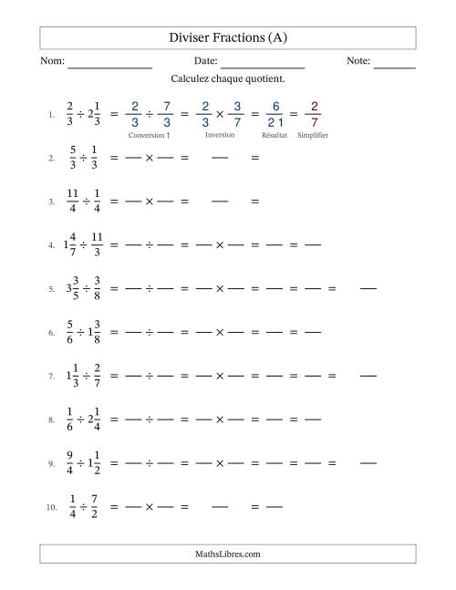 Diviser fractions propres, impropres et mixtes, et avec simplification dans tous les problèmes (Remplissable) (Tout)