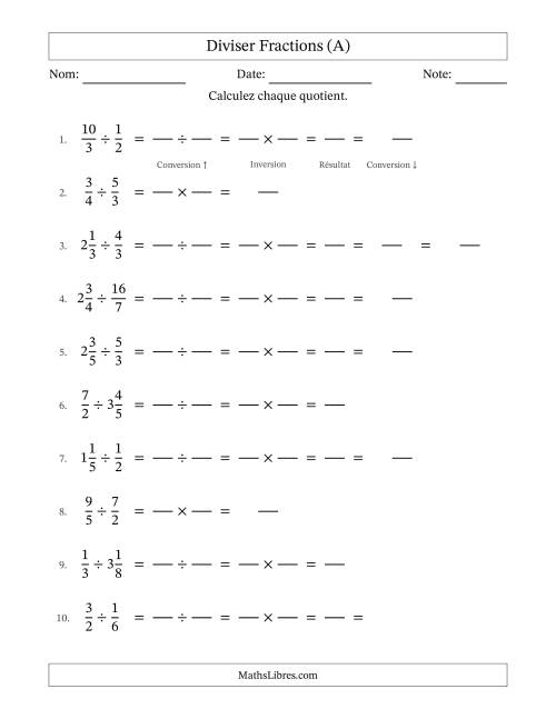 Diviser fractions propres, impropres et mixtes, et avec simplification dans quelques problèmes (Remplissable) (A)