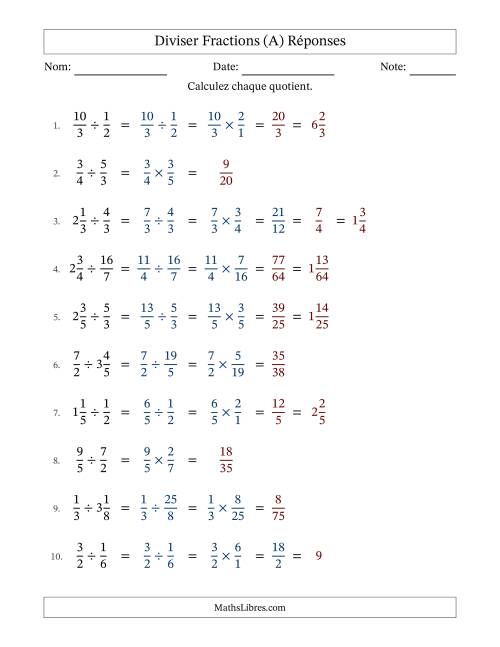 Diviser fractions propres, impropres et mixtes, et avec simplification dans quelques problèmes (Remplissable) (A) page 2